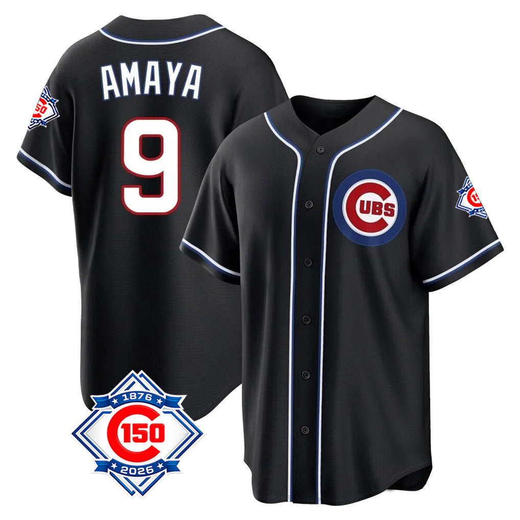PHIN C.Cubs #9 Miguel Amaya Player Black Fashion Out 150th Anniversary Game Stitched Jerseys