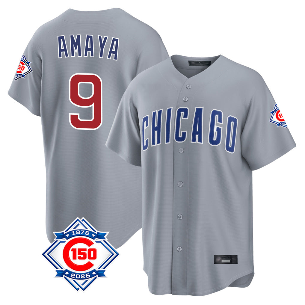 PHIN C.Cubs #9 Miguel Amaya Player Gray 150th Anniversary Home Game Stitched Jerseys
