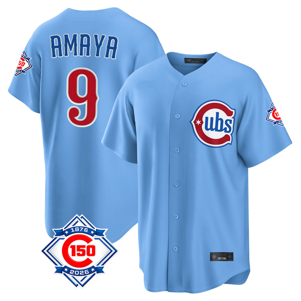 PHIN C.Cubs #9 Miguel Amaya Player Light Blue 150th Anniversary Home Game Stitched Jerseys