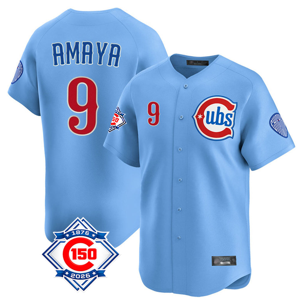 PHIN C.Cubs #9 Miguel Amaya Player Light Blue 150th Anniversary Limited Home Stitched Jerseys