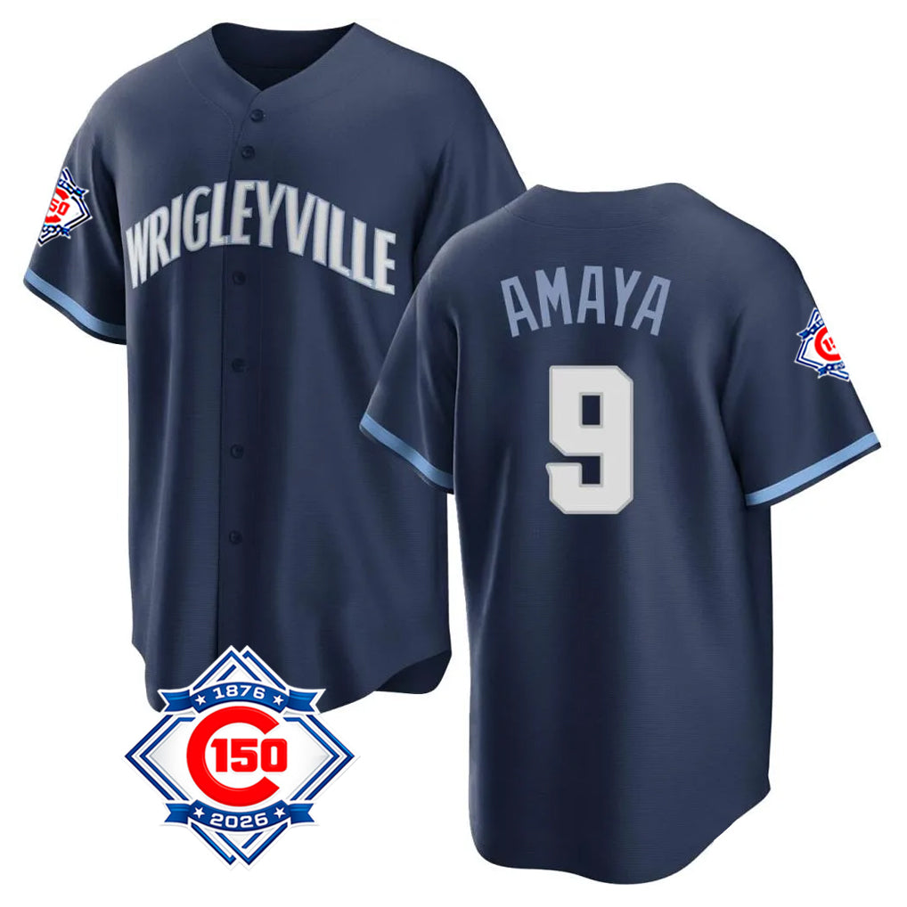PHIN C.Cubs #9 Miguel Amaya Player Navy 150th Anniversary City Connect Home Game Stitched Jerseys