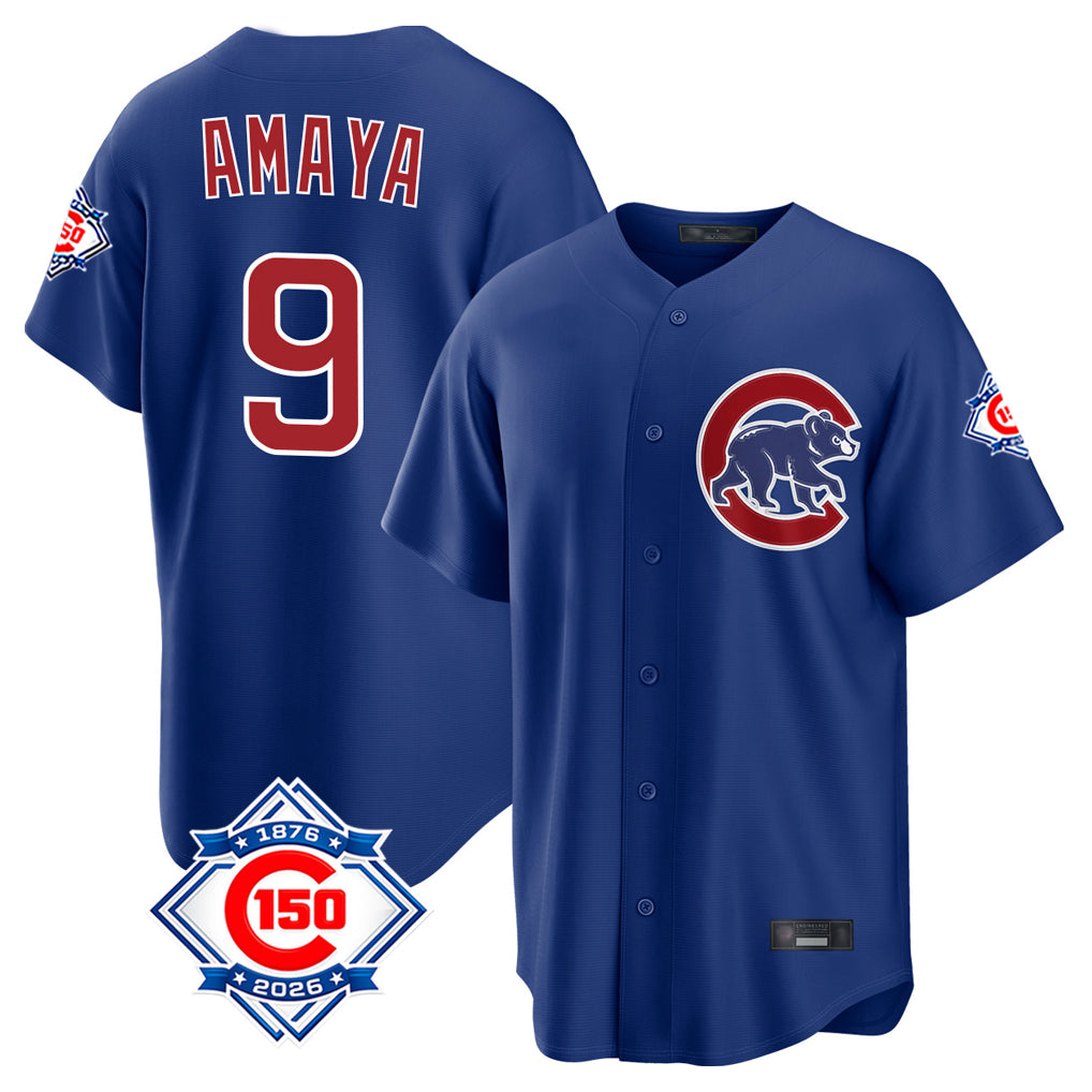 PHIN C.Cubs #9 Miguel Amaya Player Royal 150th Anniversary Home Game Stitched Jerseys