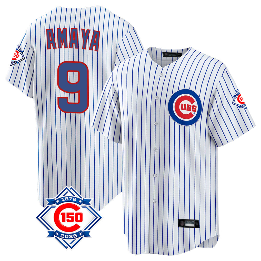 PHIN C.Cubs #9 Miguel Amaya Player White 150th Anniversary Home Game Stitched Jerseys
