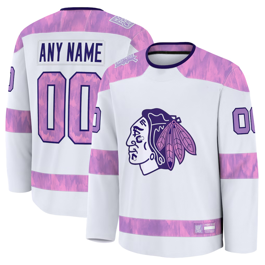 PHIN Custom C.Blackhawks White 2024 Hockey Fights Cancer Practice Jerseys