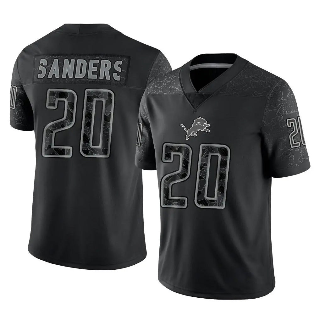 PHIN D.Lions #20 Barry Sanders Player Black Reflective Limited Home Game Stitched Jerseys