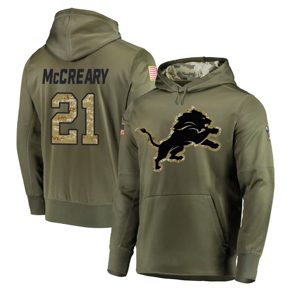 PHIN D.Lions #21 Roger McCreary Player Olive Salute to Service Pullover Hoodies Home Game Stitched Jerseys