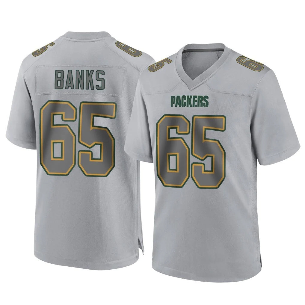 PHIN GB.Packers #65 Aaron Banks Player Gray Atmosphere Fashion Home Game Stitched Jerseys