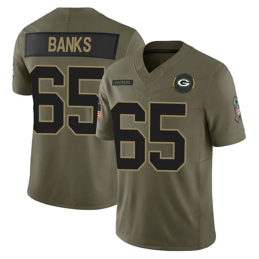 PHIN GB.Packers #65 Aaron Banks Player Olive 2025 Salute To Service Limited Home Game Stitched Jerseys