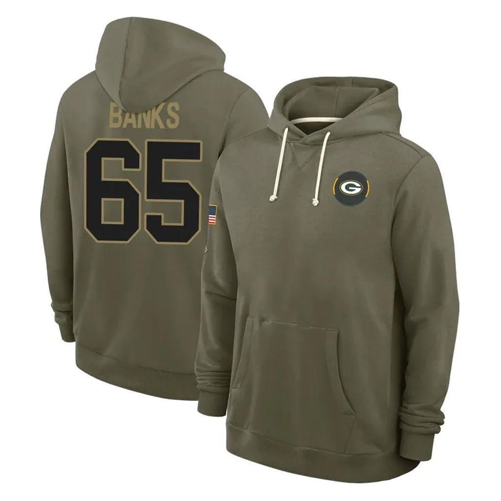 PHIN GB.Packers #65 Aaron Banks Player Olive Salute to Service Pullover Hoodies Limited Stitched Jerseys