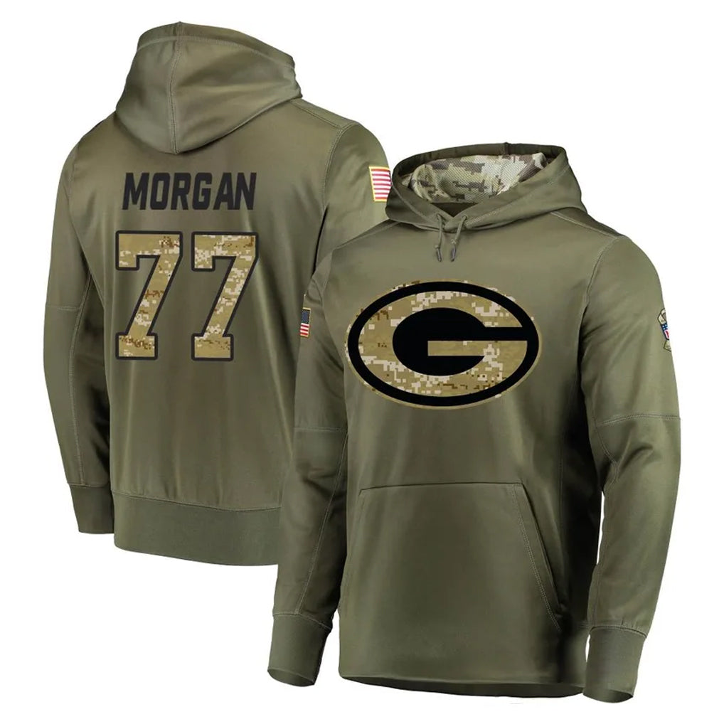 PHIN GB.Packers #77 Jordan Morgan Player Olive Salute to Service Pullover Hoodies Home Game Stitched Jerseys