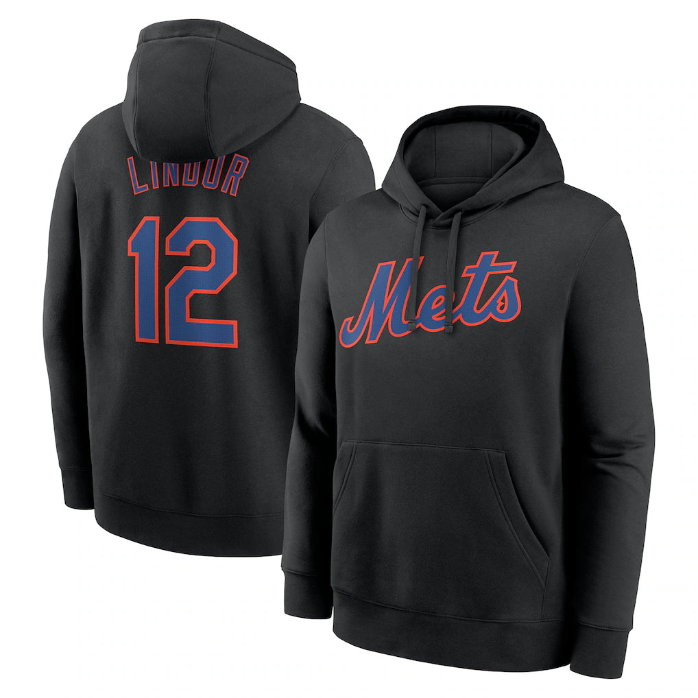 PHIN NY.Mets #12 Francisco Lindor Player Black Club Pullover Hoodie Game Stitched Jerseys